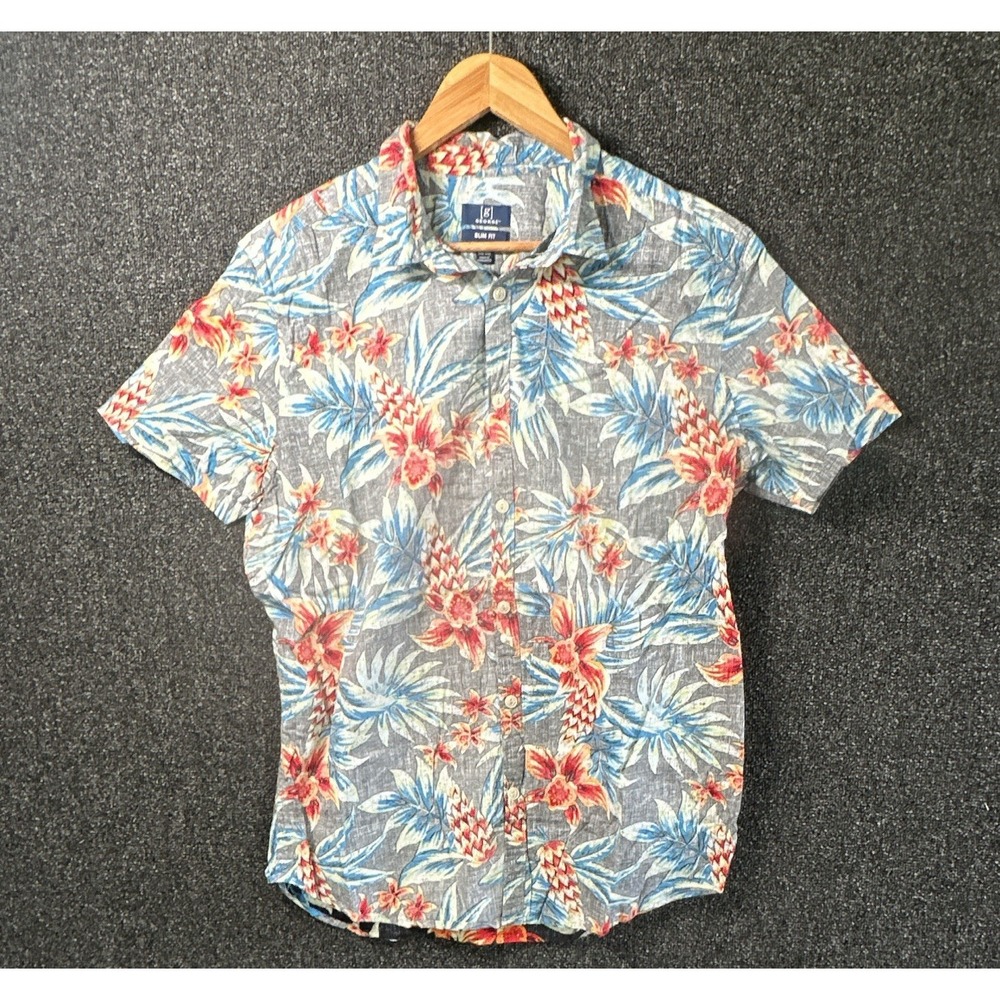 George Mens Slim Fit Tropical Floral Pineapple Button Down Shirt Grey Red Large